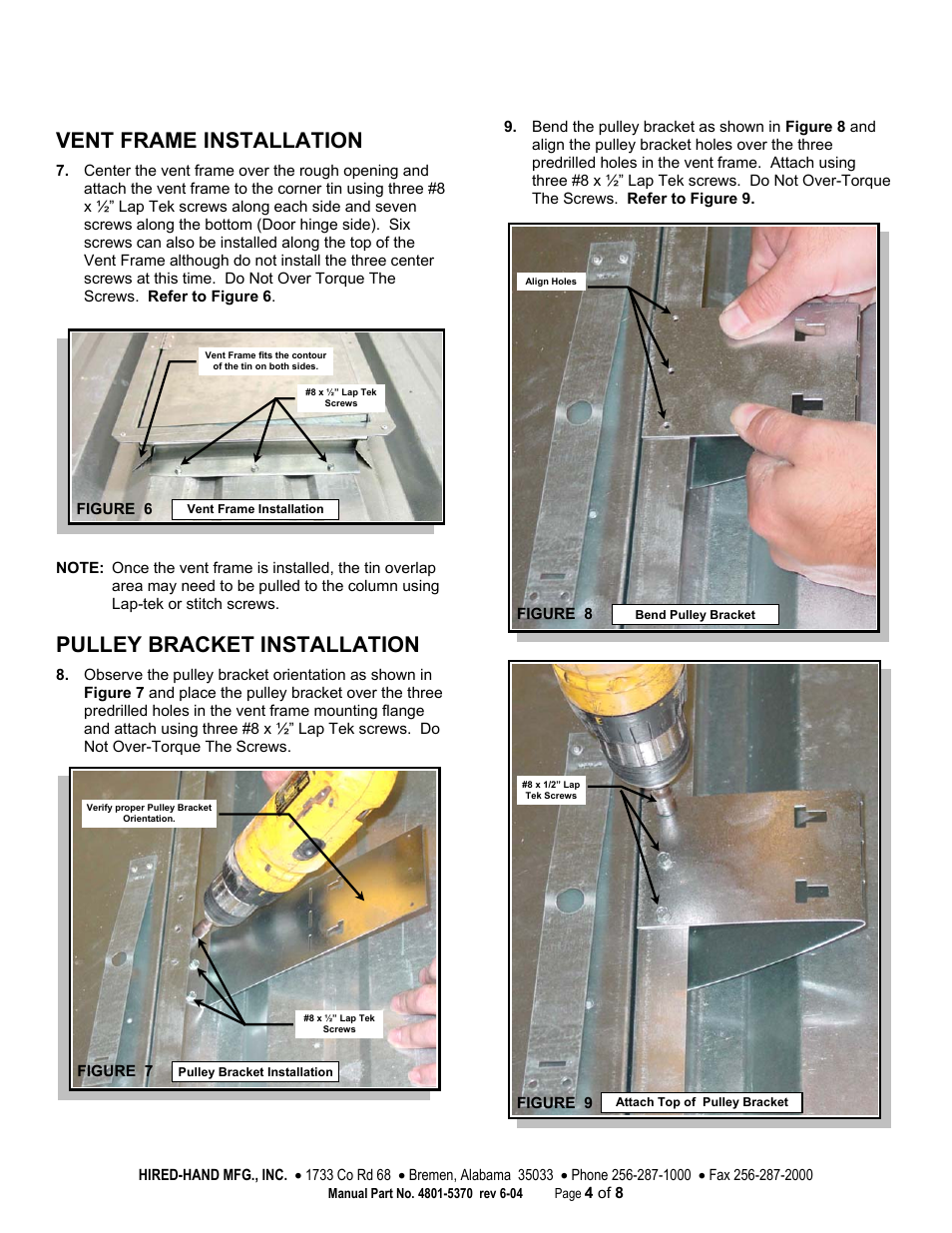 Vent frame installation, Pulley bracket installation | Hired-Hand Baffles, Vents, & Inlets: Vent Kit for Generation Structures User Manual | Page 4 / 8