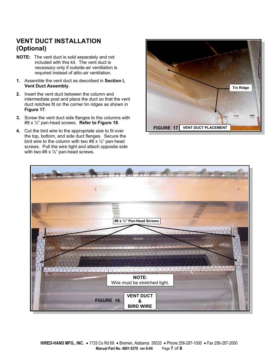 Vent duct installation (optional) | Hired-Hand Baffles, Vents, & Inlets: Vent Kit for Generation Structures User Manual | Page 7 / 8