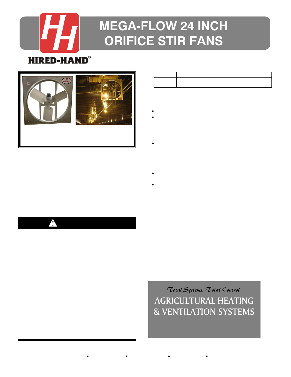 Hired-Hand Circulation and Stir Fans: MEGA-FLOW 24 INCH ORIFICE STIR FANS User Manual | 2 pages