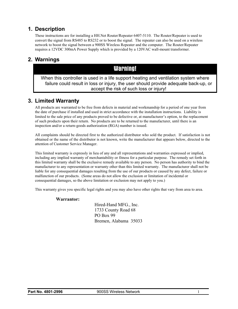 Warning | Hired-Hand HH Software: HH.Net Router/Repeater User Manual | Page 3 / 8