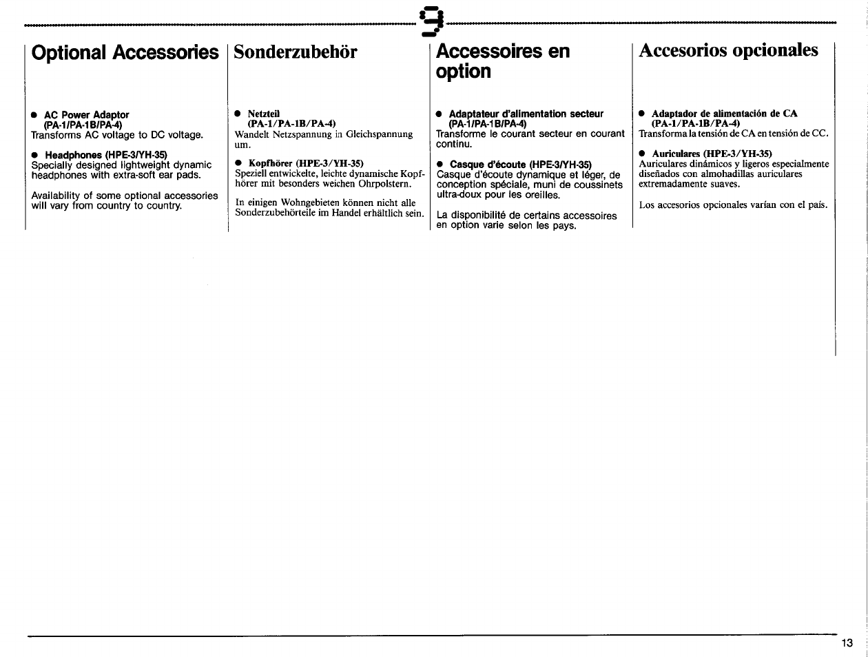 Optional accessories, Ac power adaptor (pa-1/pa-1 b/pa-4), Headphones (hpe-3/yh-3s) | Sonderzubehör, Accessoires en option, Casque d’écoute (hpe-3/yh-35), Accesorios opcionales | Yamaha DD-10 User Manual | Page 15 / 20