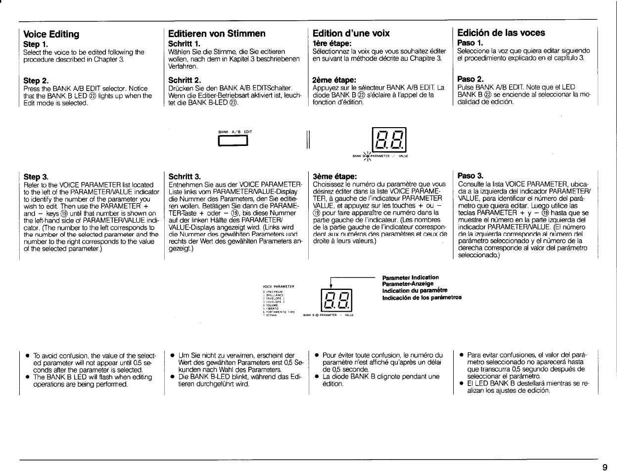 Voice editing step 1, Step 2, Editieren von stimmen schritt 1 | Schritt 2, Edition d’une voix 1ère étape, 2ème étape, Edición de ias voces, Baso 1, Paso 2, Step 3 | Yamaha DSR-500 User Manual | Page 11 / 32