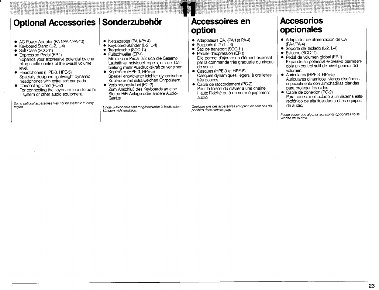 Optional accessories, Sonderzubehör, Accessoires en option | Accesorios, Opcionales, Accesorios opcionales | Yamaha DSR-500 User Manual | Page 25 / 32
