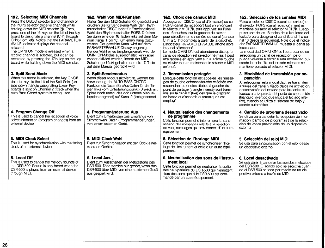 1&2. sejecting midi channels, Split send mode, Program change off | Midi clock select, Local off, 1&2. wahl von midi-kanälen, Split-sendemodus, Programmänderung aus, Midi-clock-wahl, Local aus | Yamaha DSR-500 User Manual | Page 28 / 32