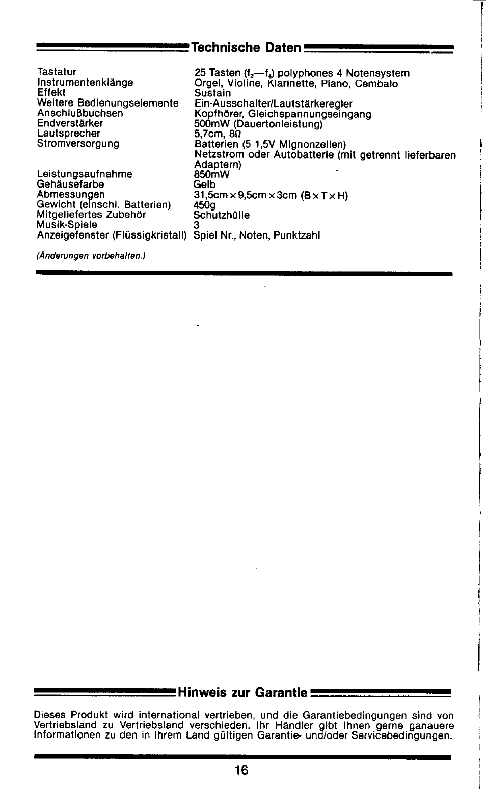 Technische daten, Hinweis zur garantie | Yamaha HS-501 User Manual | Page 10 / 12