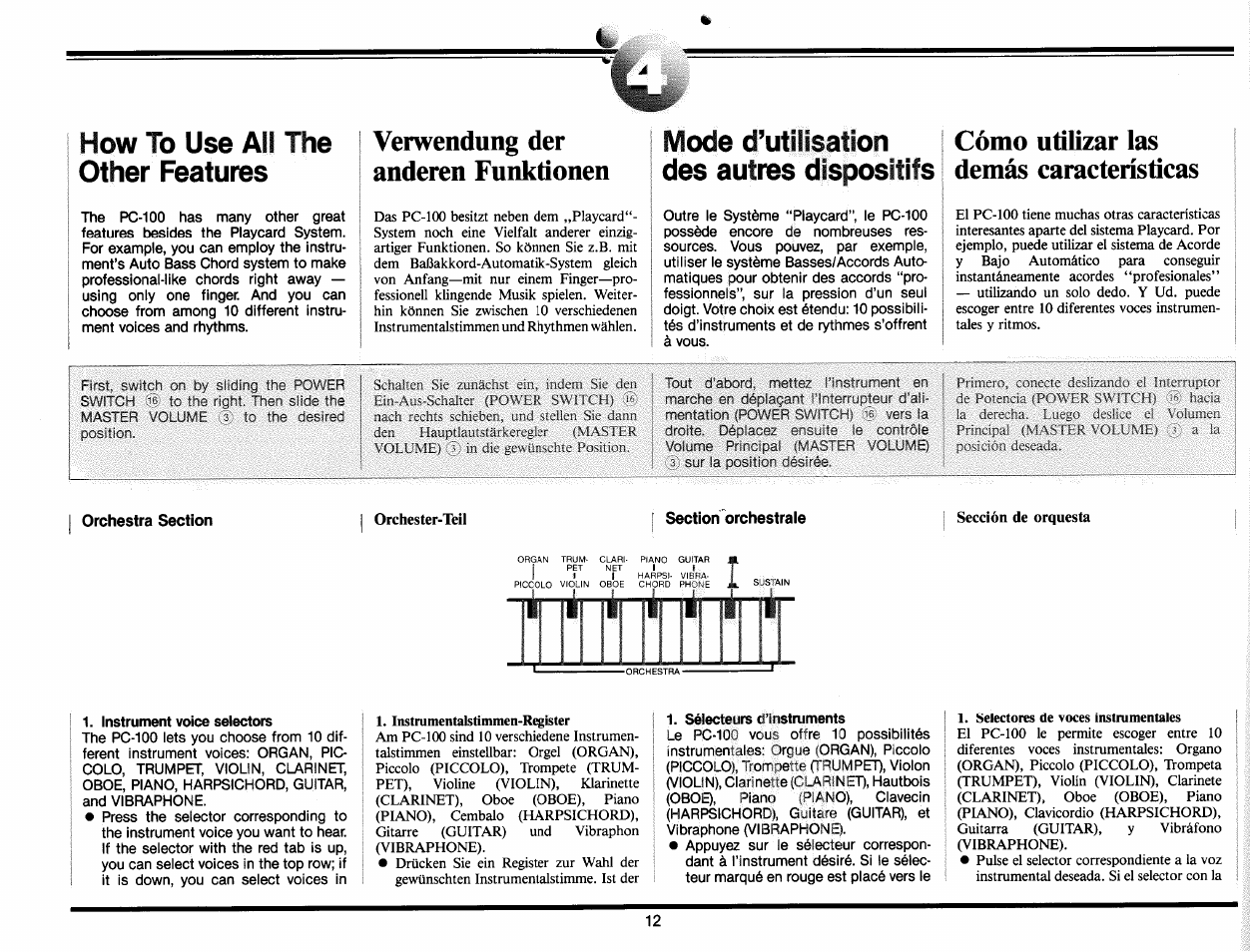 How to use all the other féatures, Verwendung der anderen funktionen, Mode d’utilisation des autres dispositifs | Cómo utilizar las demás características, Orchestra section, Instrument voice selectors, Sélecteurs d’instruments | Yamaha PC-100 User Manual | Page 14 / 28