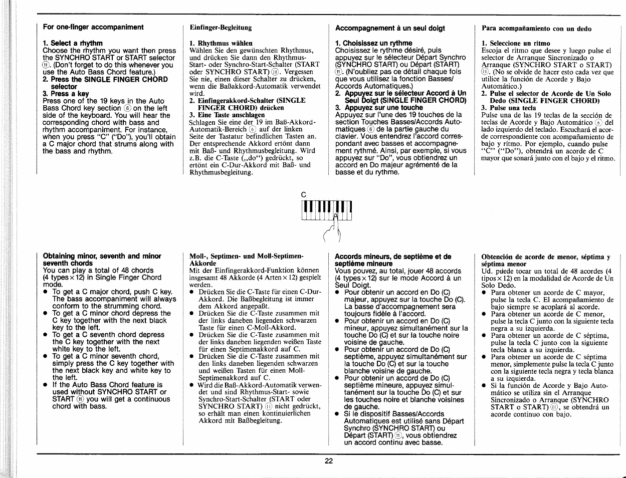 For one-finger accompaniment, Seiect a rhythm, Press the single fìnger chord selector | Press a key, Accompagnement à un seul doigt, Choisissez un rythme, Obtaining minor, seventh and minor, Accords mineurs, de septième et de | Yamaha PC-1000 User Manual | Page 24 / 35