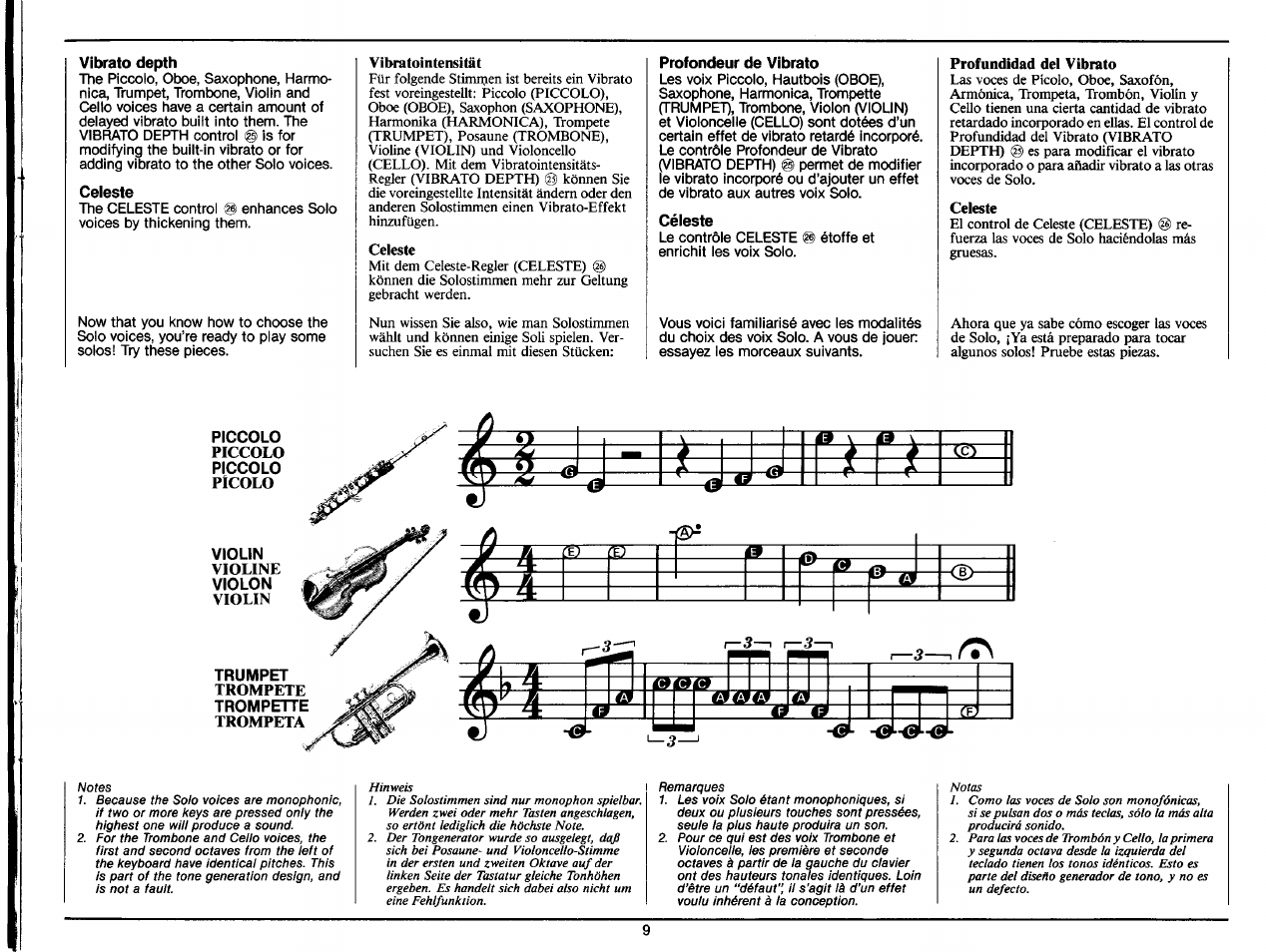 Vibrato depth, Celeste, Vibratointensität | Profondeur de vibrato, Céleste, Profundidad del vibrato, Piccolo, Pîcolo, Y o-------- — x _?j_ ya _/a x x _ ád | Yamaha PS-35 User Manual | Page 11 / 36