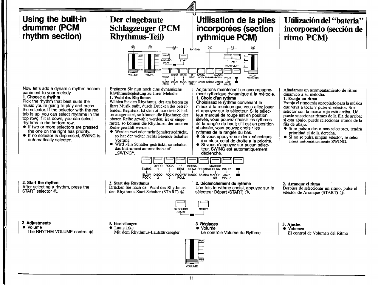 Déclenchement du rythme, Der eingebaute schlagzeuger (pcm rhythmus-teil) | Yamaha PS-35 User Manual | Page 13 / 36