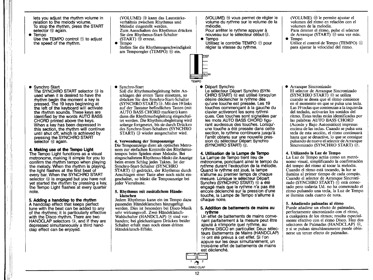 Making use of the tempo light, Adding a handclap to the rhythm, Utilisation de la lampe de tempo | Addition de battements de mains au rythme | Yamaha PS-35 User Manual | Page 14 / 36