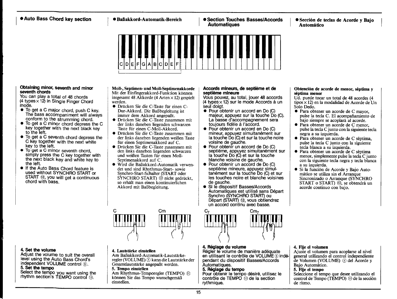 Auto bass chord key section, Baßakkord-automatik-bereich, Section touches basses/accords automatiques | Sección de teclas de acorde y bajo automático, Obtaining minor, seventh and minor, Seventh chords, Set the voiume, Set the tempo, Accords mineurs, de septième et de, Septième mineure | Yamaha PS-35 User Manual | Page 17 / 36