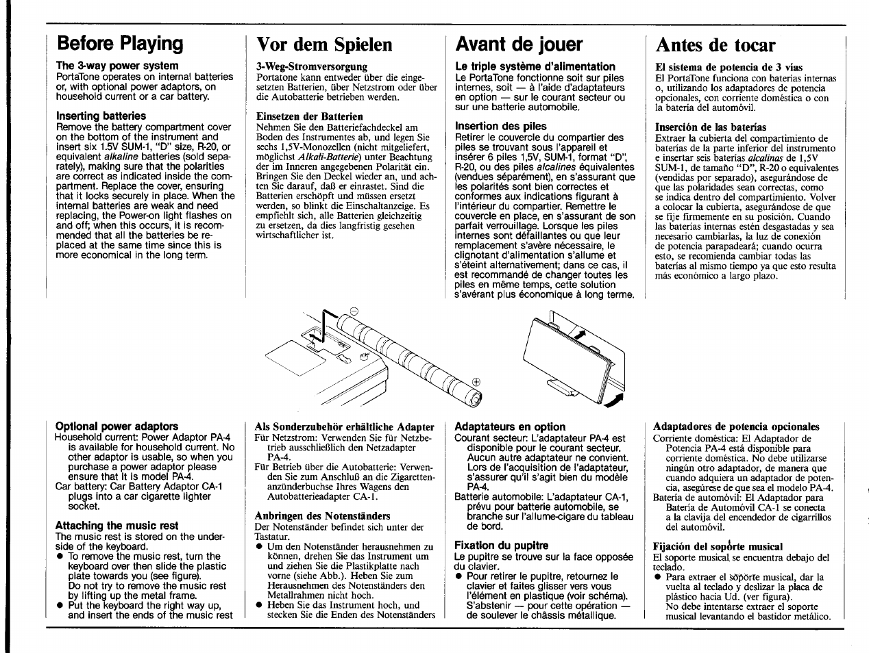 Before playing, The 3-way power system, Inserting batteries | Vor dem spielen, Avant de jouer, Le triple système d’alimentation, Insertion des piles, Antes de tocar, Optional power adaptors, Attaching the music rest | Yamaha PS-35 User Manual | Page 2 / 36