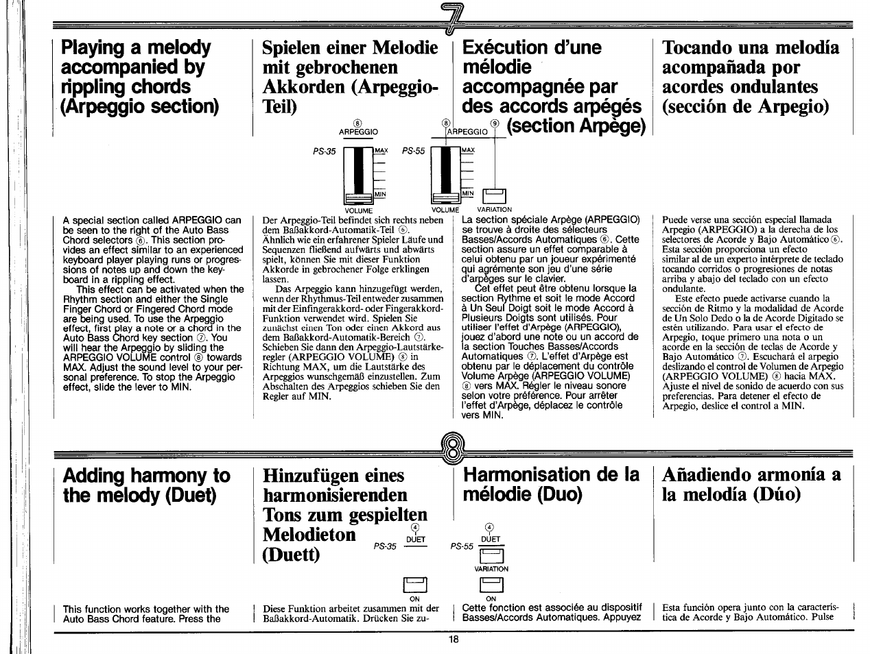 Añadiendo armonía a la melodía (dúo), Adding harmony to the melody (duet), Harmonisation de la mélodie (duo) | Yamaha PS-35 User Manual | Page 20 / 36