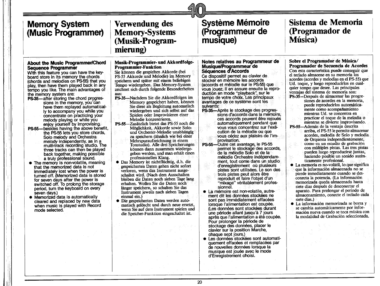 Memory system (music programmer), Système mémoire (programmeur de musique), Sistema de memoria (programador de música) | Yamaha PS-35 User Manual | Page 22 / 36