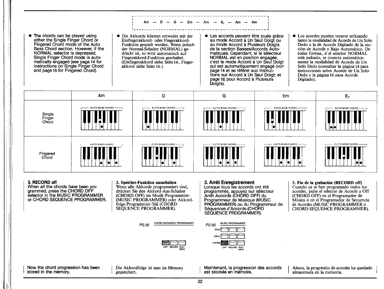 Record off, Arrêt enregistrement | Yamaha PS-35 User Manual | Page 24 / 36