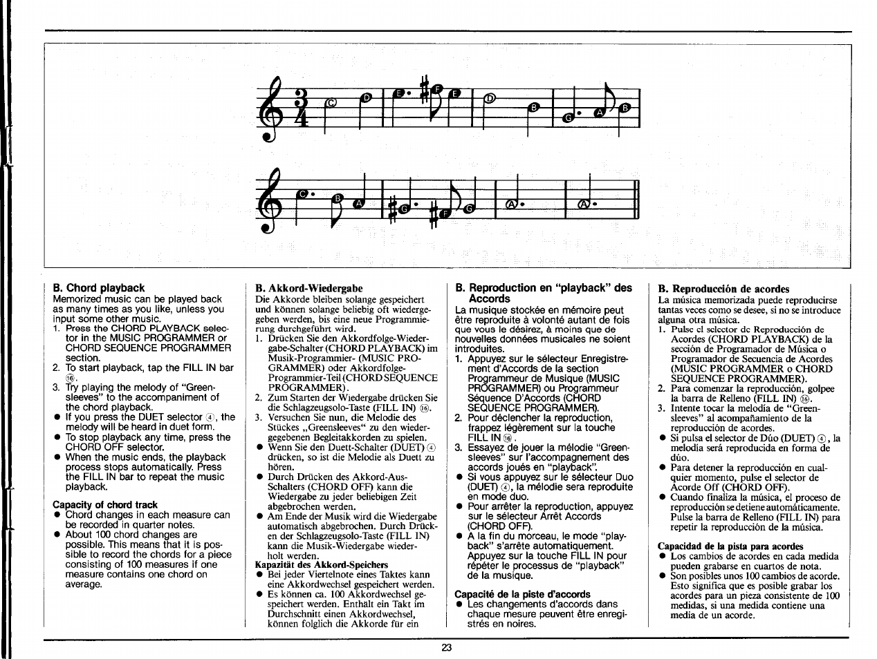 B. chord playback, B. akkord-wiedergabe, B. reproduction en “playback” des accords | B. reproducción de acordes | Yamaha PS-35 User Manual | Page 25 / 36