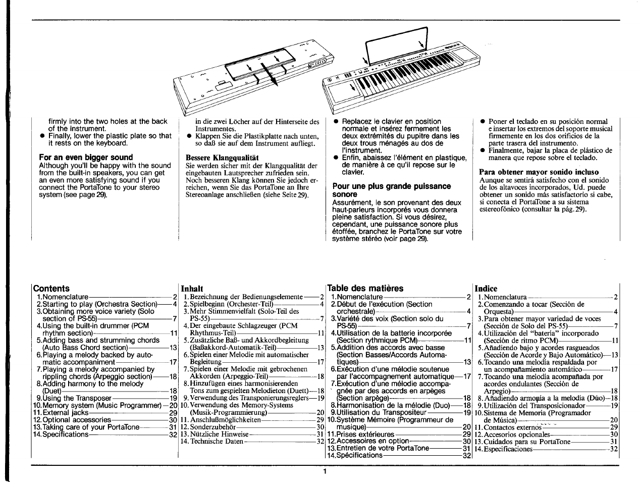 For an even bigger sound, Pour une plus grande puissance sonore, Inhalt | Indice | Yamaha PS-35 User Manual | Page 3 / 36