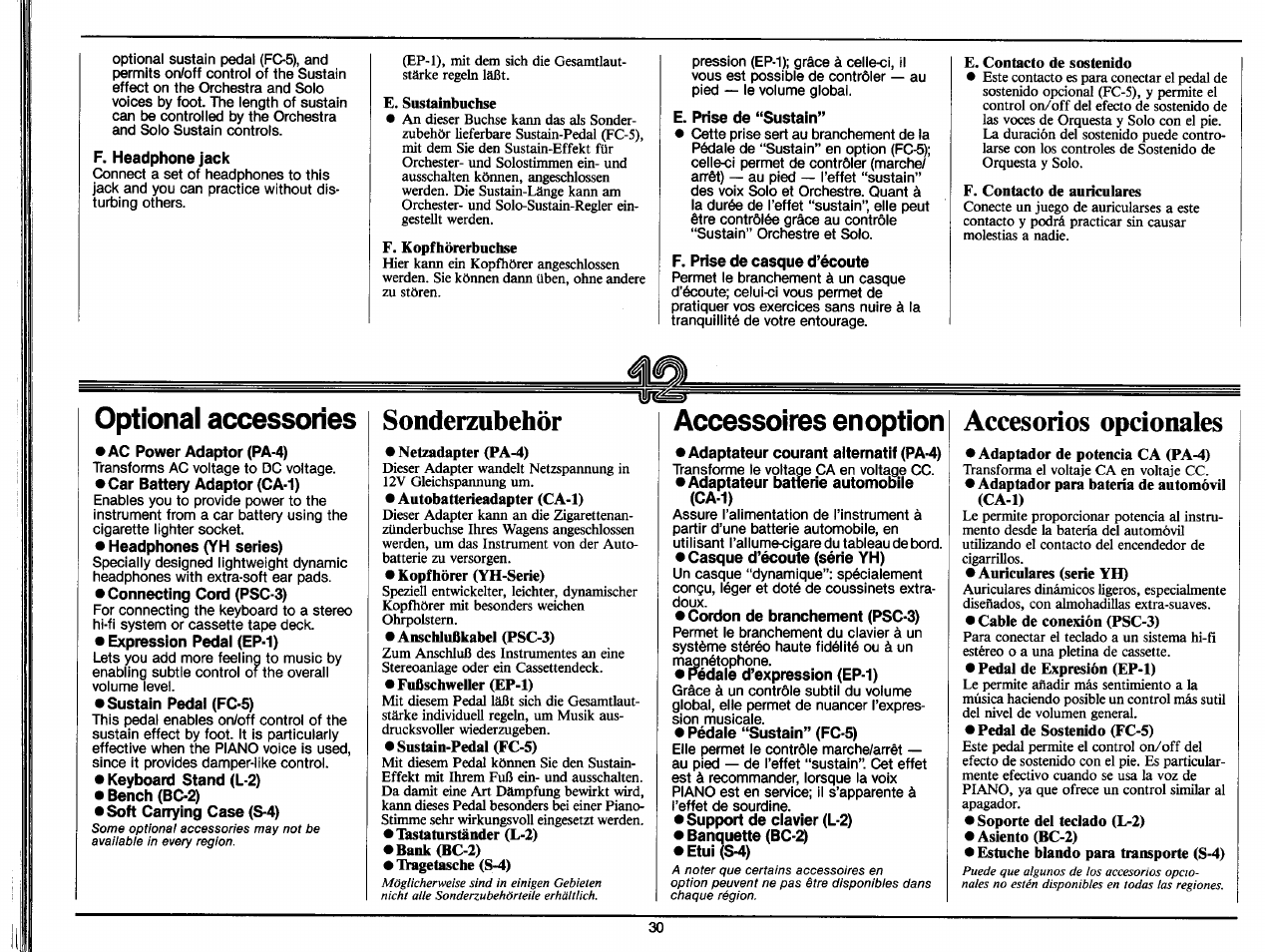 F. headphone jack, E. sustainbuchse, F. kopfhörerbuchse | E. prise de ‘‘sustain, F. prise de casque d’écoute, E. contacto de sostenido, F. contacto de auriculares, Optional accessories, Ac power adaptor (pa-4), Car battery adaptor (ca-1) | Yamaha PS-35 User Manual | Page 32 / 36
