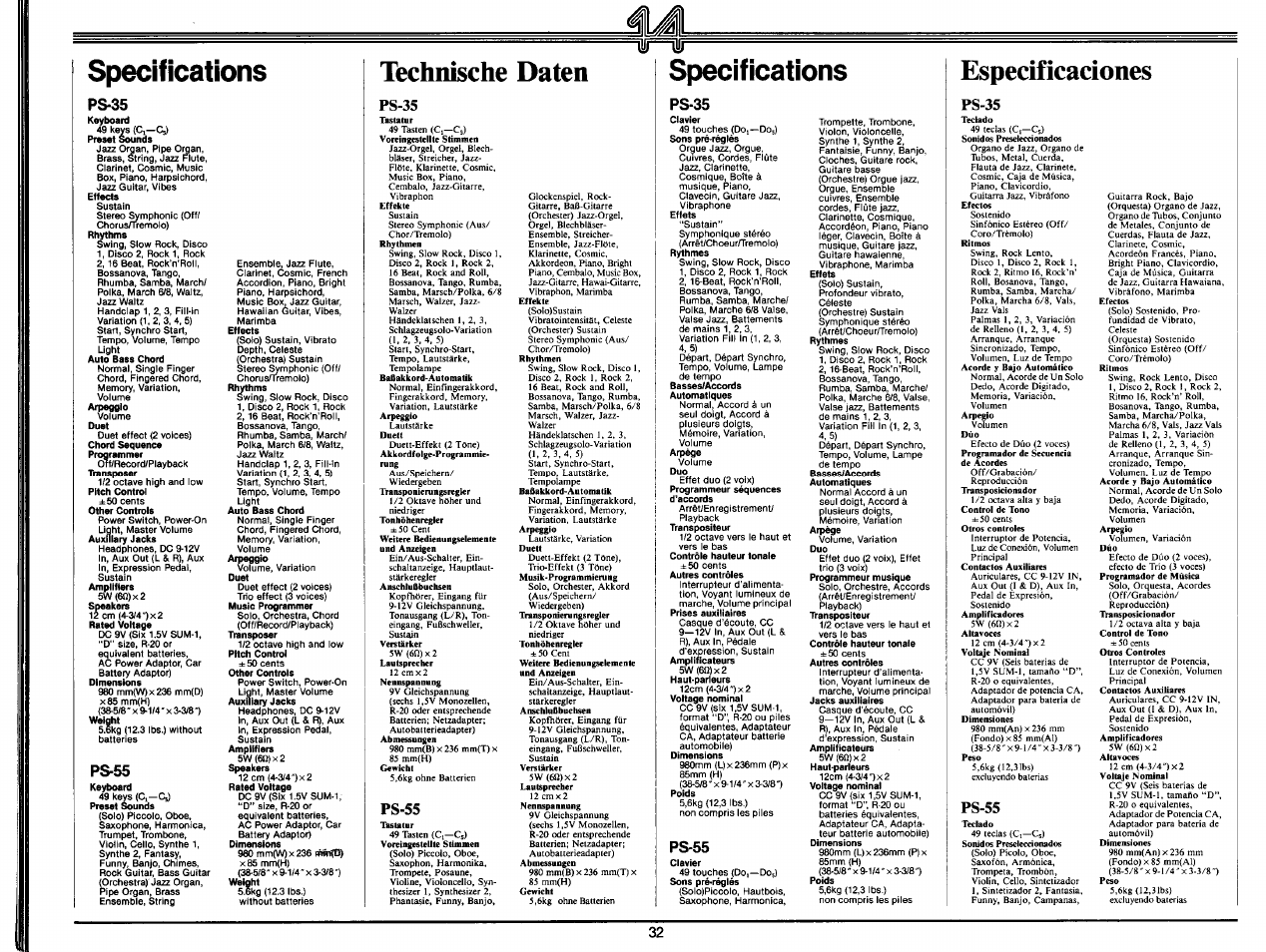 Specifications, Technische daten, Ps-35 | Ps-55, Especificaciones | Yamaha PS-35 User Manual | Page 34 / 36