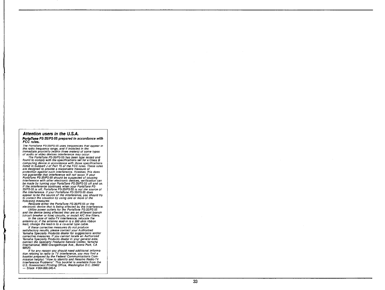Attention users in the u.s.a | Yamaha PS-35 User Manual | Page 35 / 36