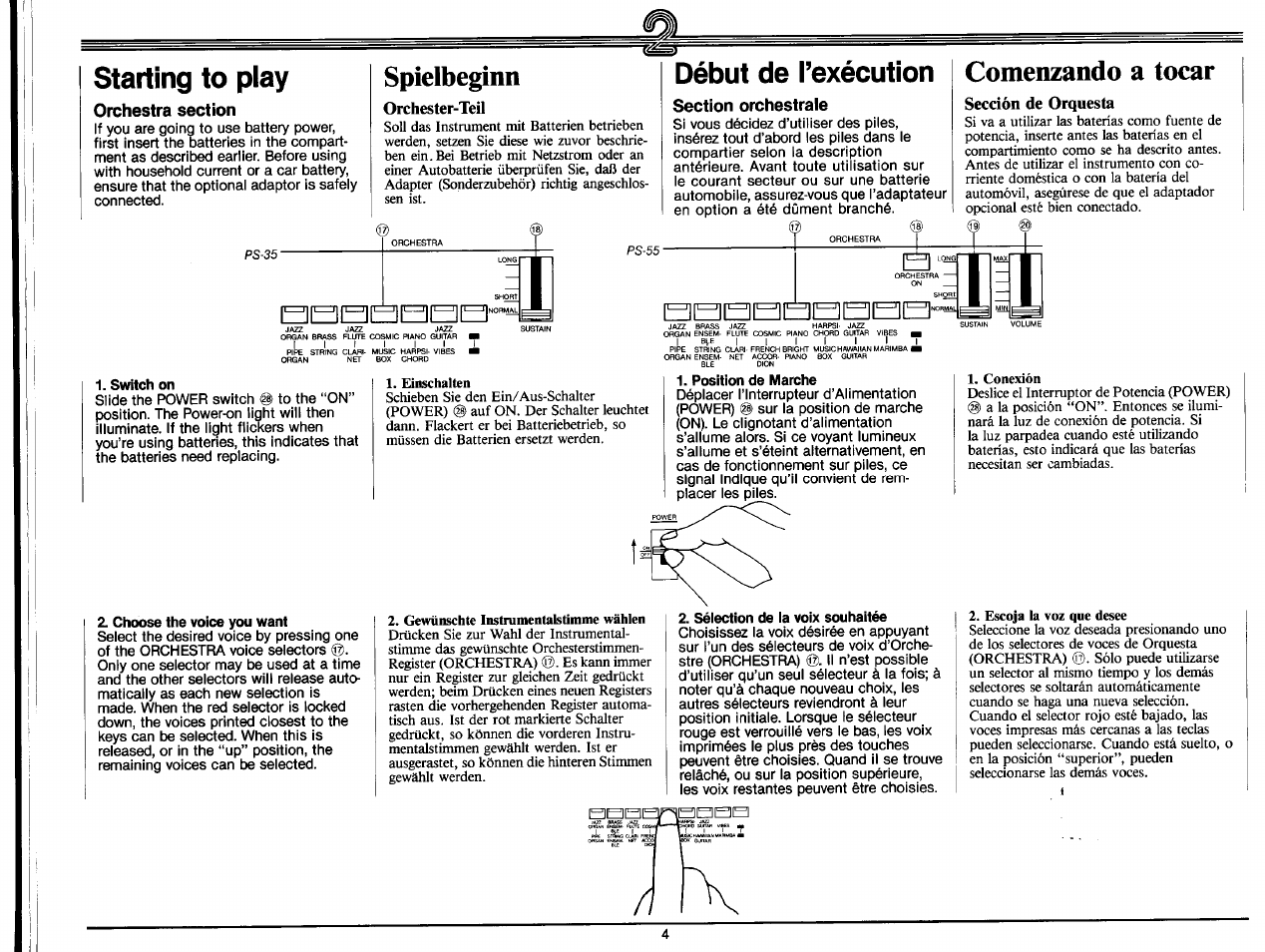 Starting to play, Switch on, Spielbeginn | Orchester-teil, Début de l’exécution, Comenzando a tocar, Sección de orquesta, Position de marche, Choose the voice you want, Sélection de la voix souhaitée | Yamaha PS-35 User Manual | Page 6 / 36