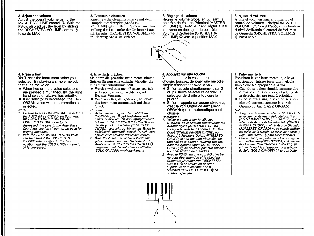 Adjust the volume, Press a key, Réglage du volume | Appuyez sur une touche | Yamaha PS-35 User Manual | Page 7 / 36