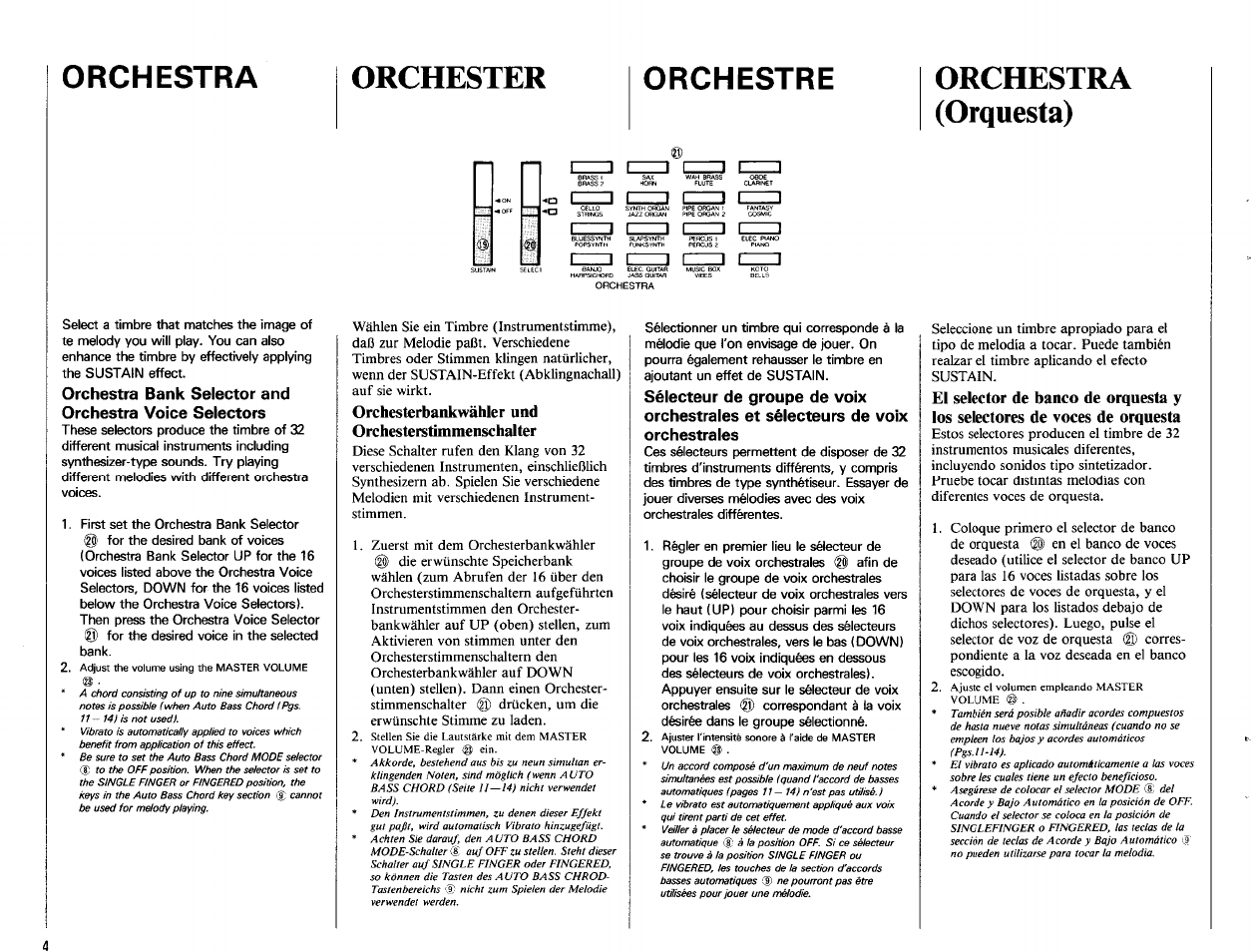 Orchester, Orchestra (orquesta), Orchestra | Orchestre, Orchesterbankwähler und orchesterstimmenschalter | Yamaha PSR-22 User Manual | Page 6 / 20