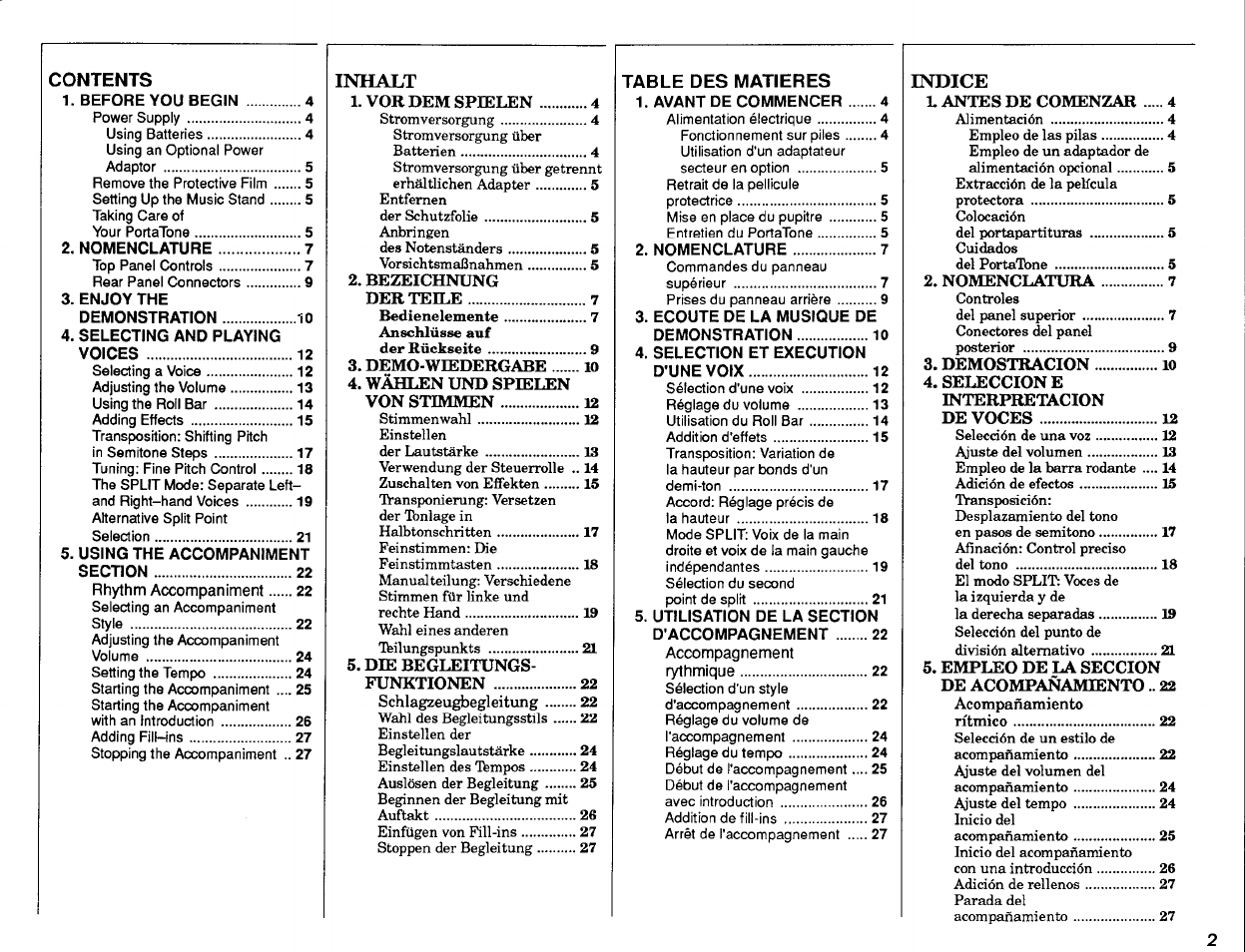 Inhalt, Indice | Yamaha PSR-2500 User Manual | Page 3 / 68