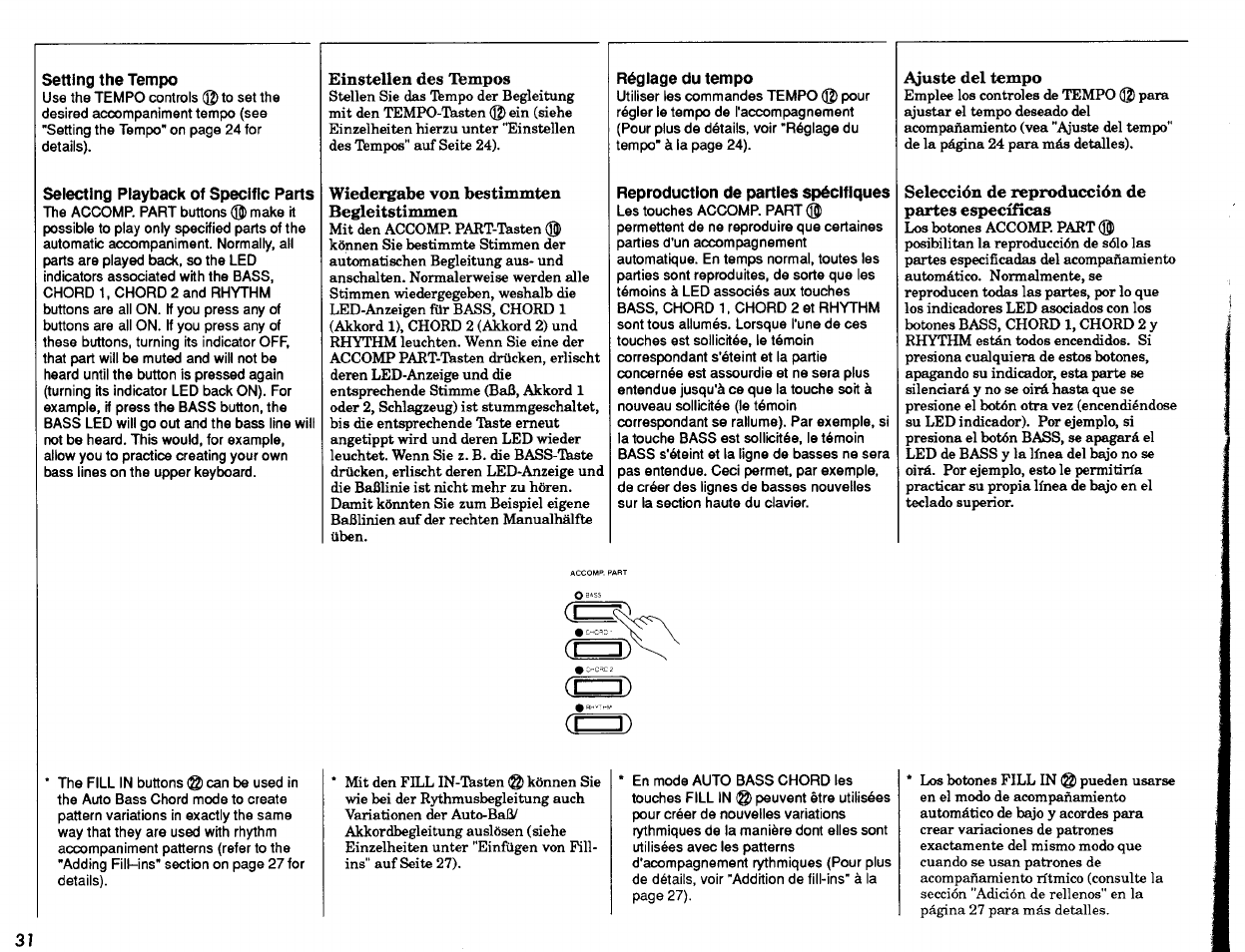 Setting the tempo, Selecting playback of specific parts, Réglage du tempo | Reproduction de parties spécifiques | Yamaha PSR-2500 User Manual | Page 32 / 68