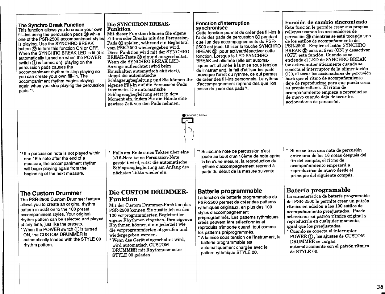 The synchro break function, The custom drummer, Fonction d'interruption synchronisée | Die custom drummer- funktion, Banerie programmable, Batería programable, Batterie programmable | Yamaha PSR-2500 User Manual | Page 39 / 68