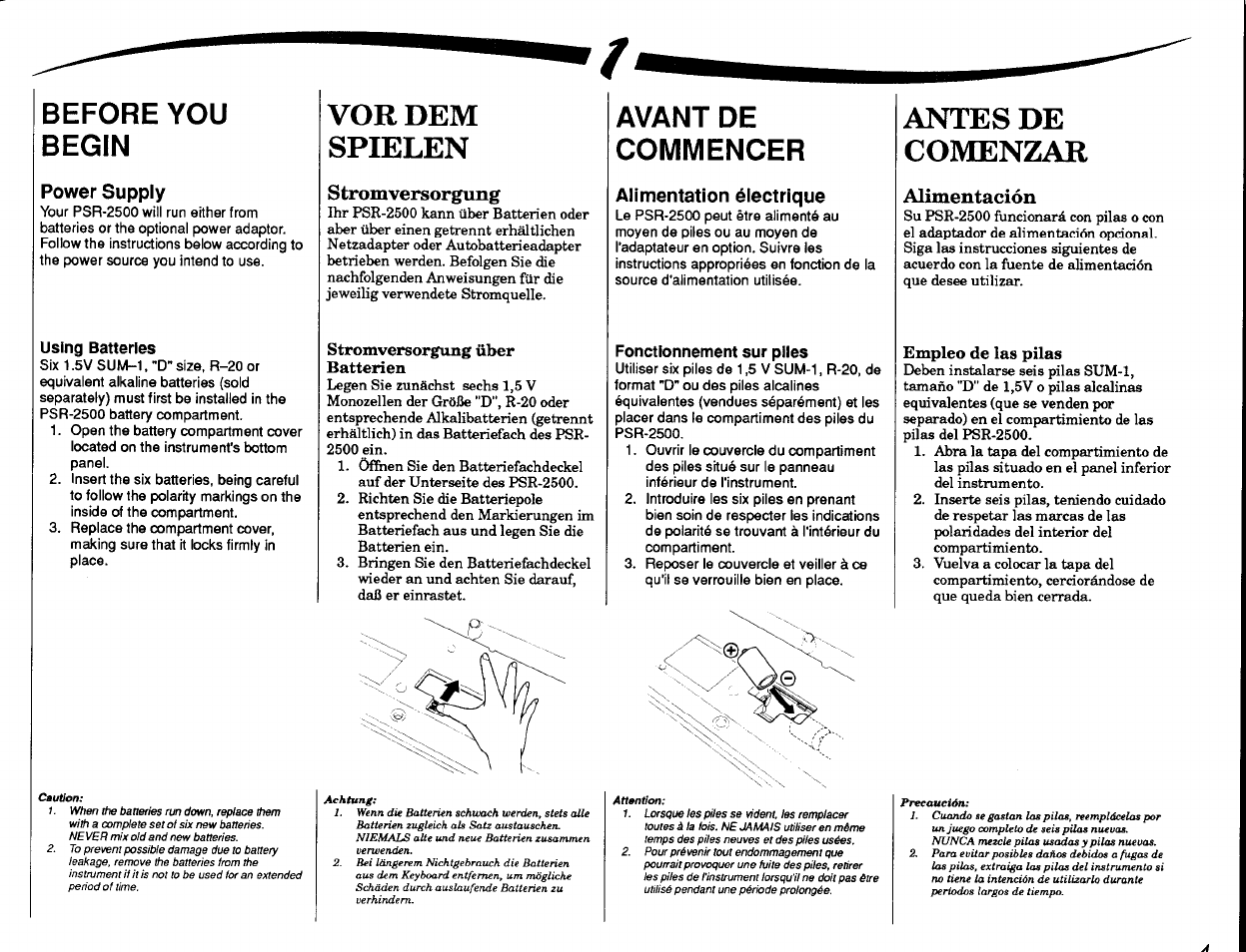 Before you begin, Power supply, Using batteries | Vor dem spielen, Stromversorgung, Stromversorgung über batterien, Avant de commencer, Alimentation électrique, Fonctionnement sur piles, Antes de comenzar | Yamaha PSR-2500 User Manual | Page 5 / 68