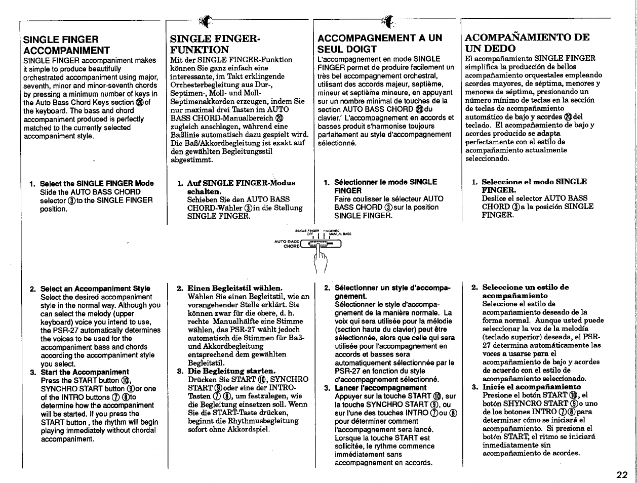Single finger accompaniment, Select the single finger mode, Select an accompaniment style | Start the accompaniment, Single fingerfunktion, Accompagnement a un seul doigt, Sélectionner le mode single finger, Sélectionner un style d'accompagnement, Acompañamiento de un dedo, Fingered accompaniment | Yamaha PSR-27 User Manual | Page 23 / 36