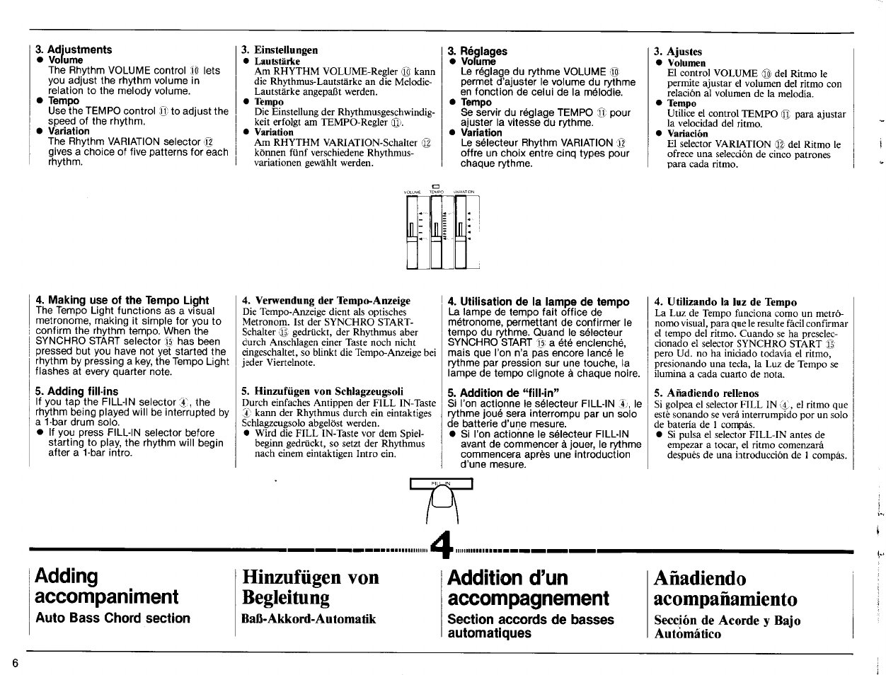 Utilisation de la lampe de tempo, Addition de “fiii-in, Adding | Addition d’un, Accompaniment, Accompagnement, Hinzufügen von, Añadiendo, Begleitung, Acompañamiento | Yamaha PSR-32 User Manual | Page 8 / 20