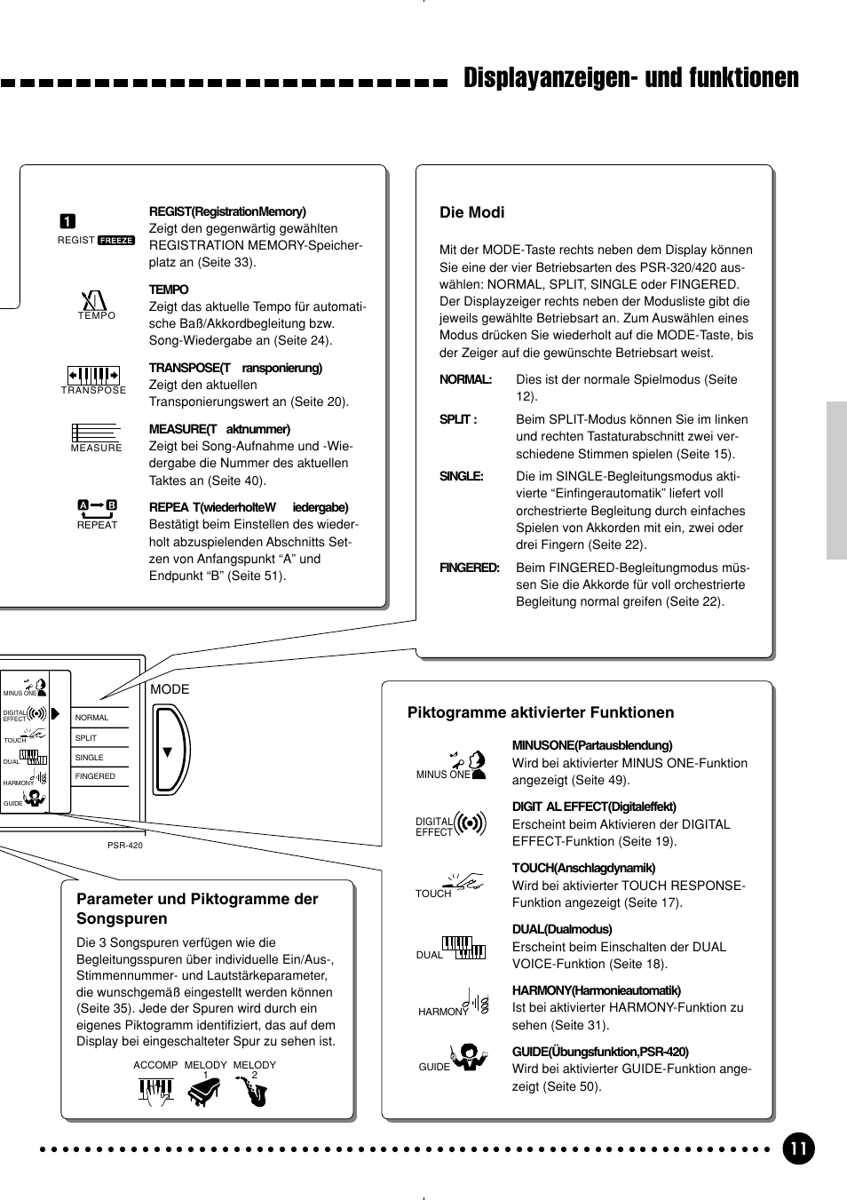 Displayanzeigen- und funktionen, Piktogramme aktivierter funktionen, Parameter und piktogramme der songspuren | Die modi | Yamaha PSR-320 User Manual | Page 13 / 75