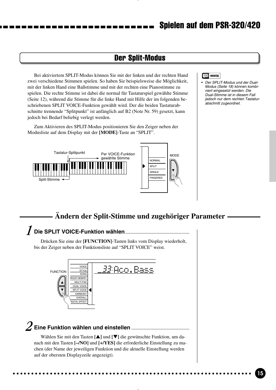 Aco.bass, Der split-modus, Ändern der split-stimme und zugehöriger parameter | Yamaha PSR-320 User Manual | Page 17 / 75