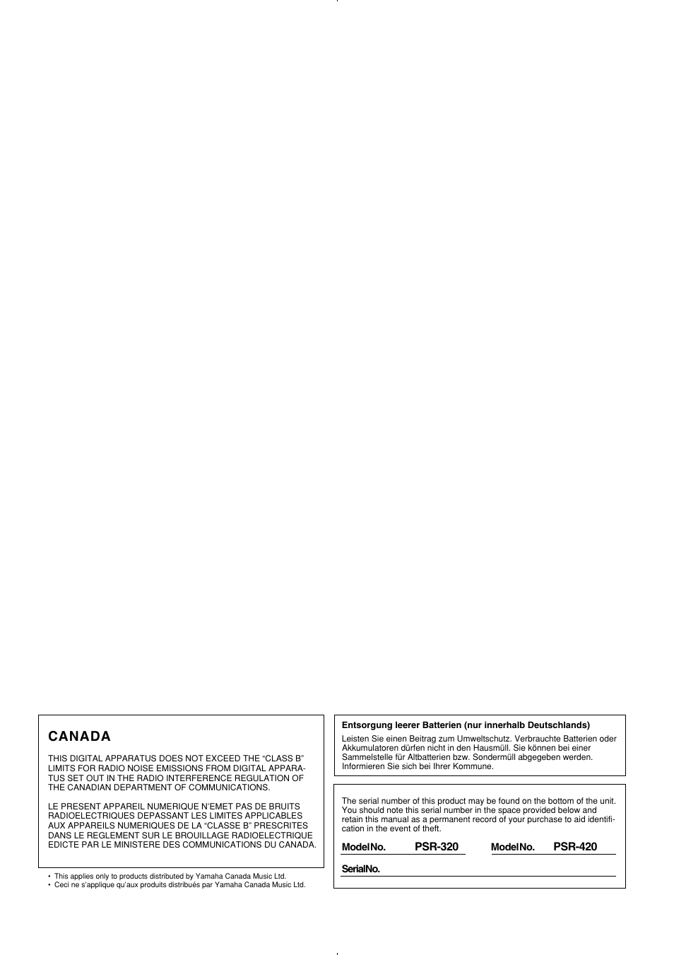 Canada | Yamaha PSR-320 User Manual | Page 2 / 75