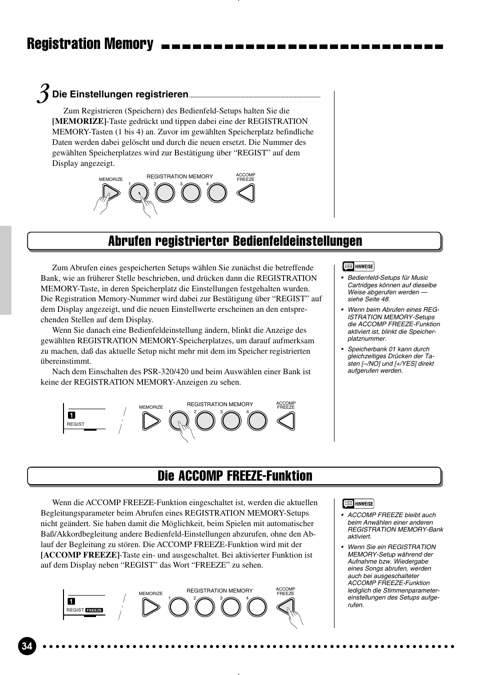 Die accomp freeze-funktion, Abrufen registrierter bedienfeldeinstellungen, Die einstellungen registrieren | Yamaha PSR-320 User Manual | Page 36 / 75