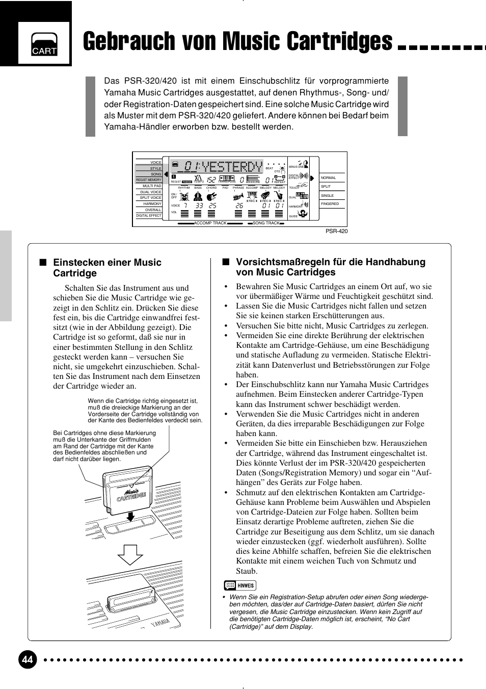 Gebrauch von music cartridges, Yesterdy, Einstecken einer music cartridge | Yamaha PSR-320 User Manual | Page 46 / 75