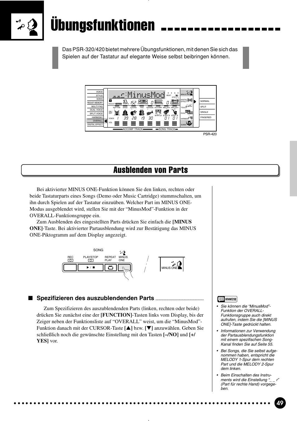Übungsfunktionen, Ausblenden von parts, Minusmod | Spezifizieren des auszublendenden parts | Yamaha PSR-320 User Manual | Page 51 / 75