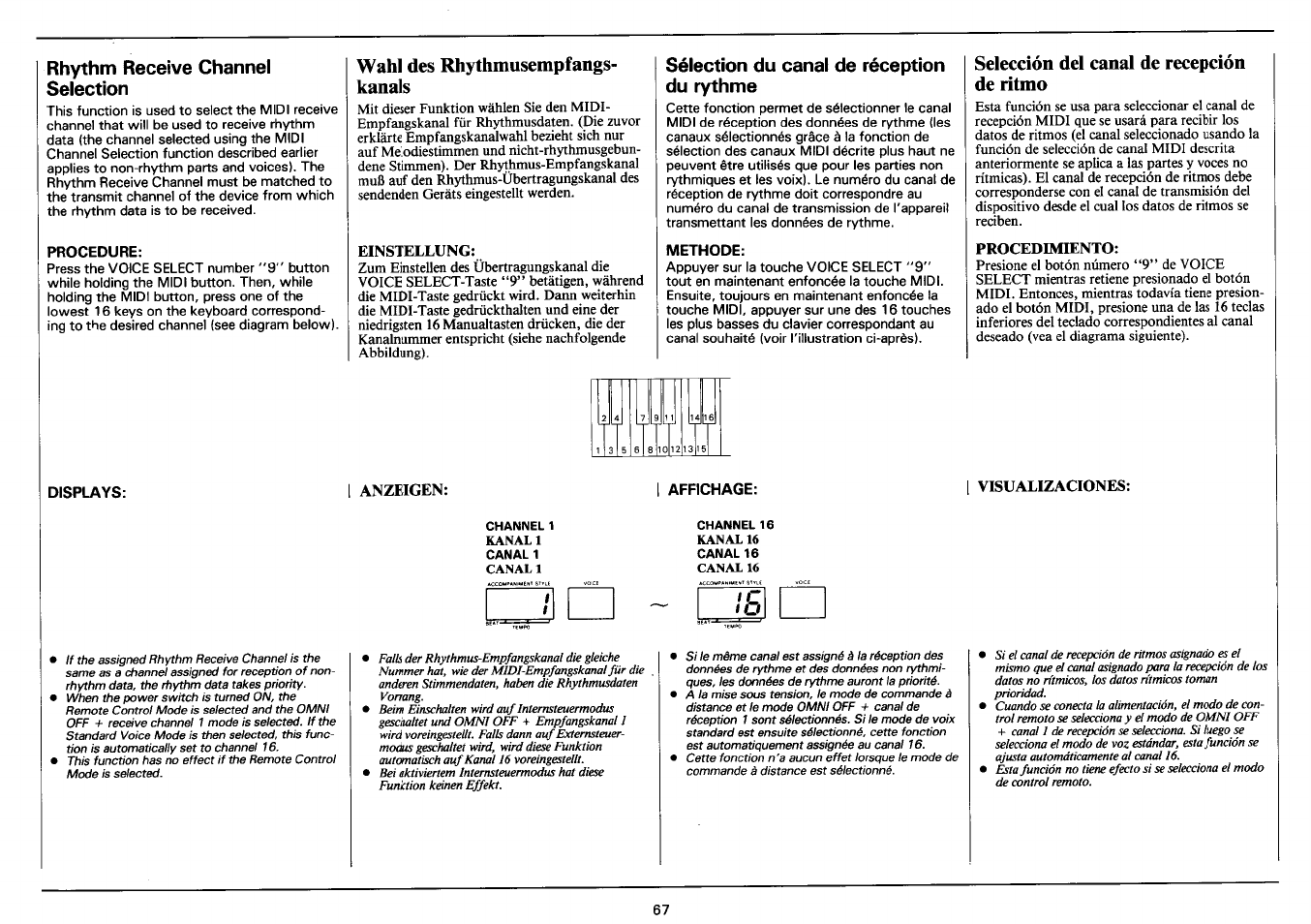 Rhythm receive channel selection, Procedure, Wahl des rhythmusempfangskanals | Einstellung, Sélection du canal de réception du rythme, Methode, Selección del canal de recepción de ritmo, Procedimiento, Displays, Anzeigen | Yamaha PSR-3500 User Manual | Page 69 / 84