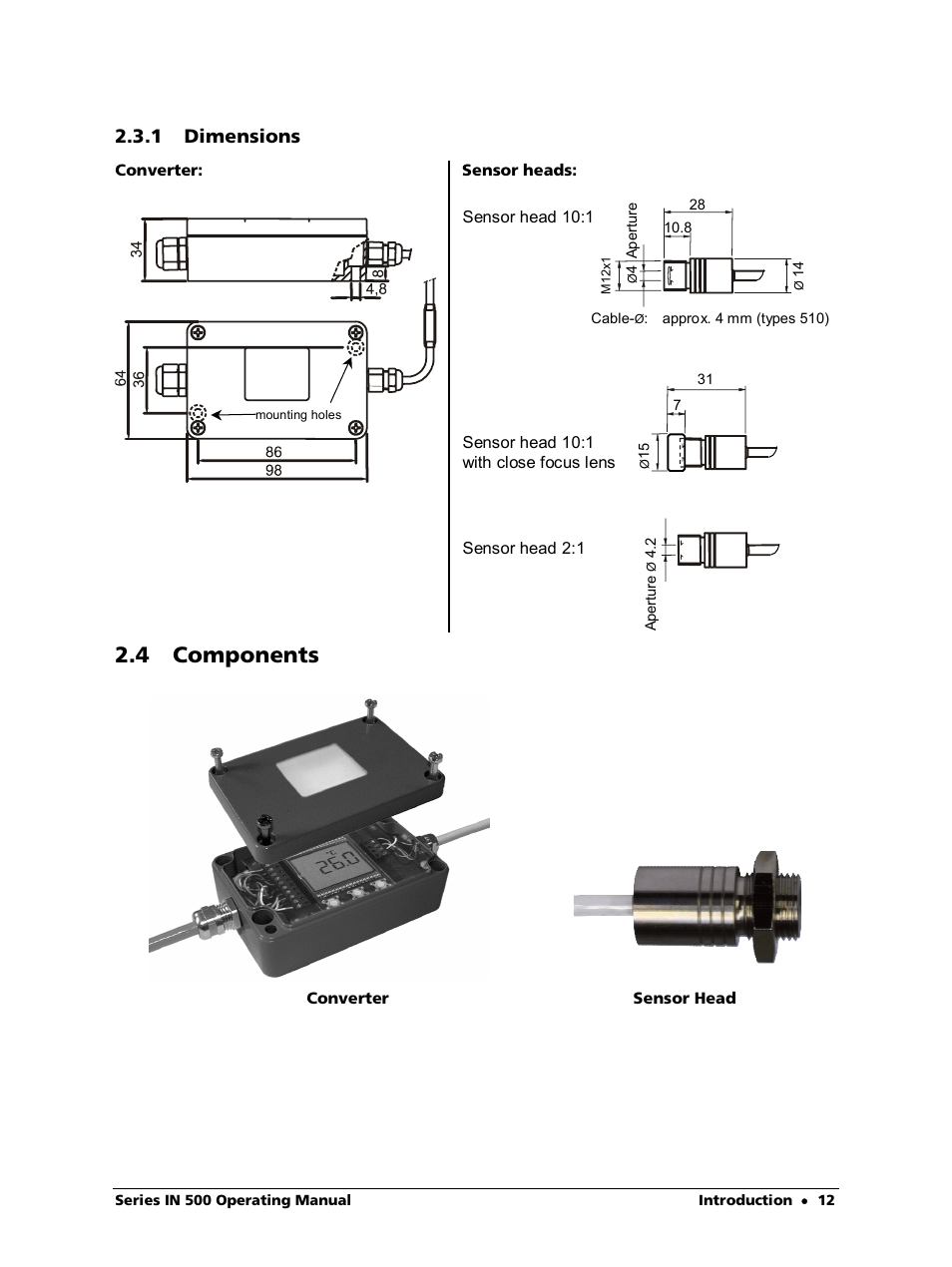 1 dimensions, 4 components | LumaSense Technologies IN 520 User Manual | Page 12 / 38