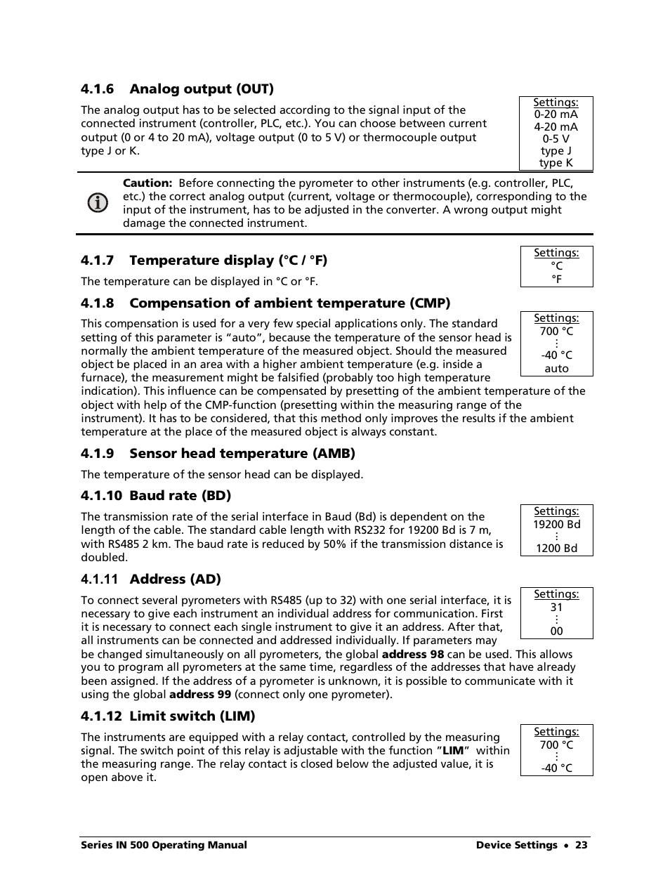 6 analog output (out), 7 temperature display (°c / °f), 8 compensation of ambient temperature (cmp) | 9 sensor head temperature (amb), 10 baud rate (bd), 11 address (ad), 12 limit switch (lim) | LumaSense Technologies IN 520 User Manual | Page 23 / 38