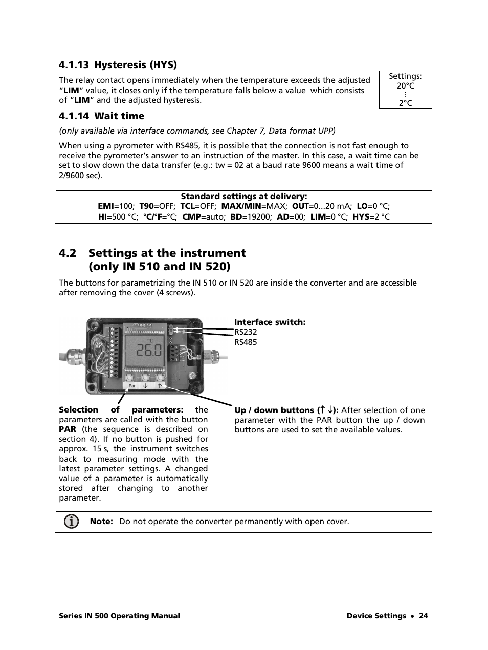 13 hysteresis (hys), 14 wait time | LumaSense Technologies IN 520 User Manual | Page 24 / 38
