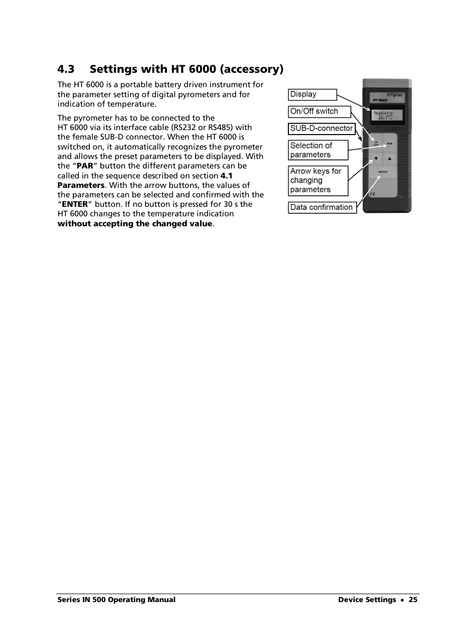 3 settings with ht 6000 (accessory) | LumaSense Technologies IN 520 User Manual | Page 25 / 38