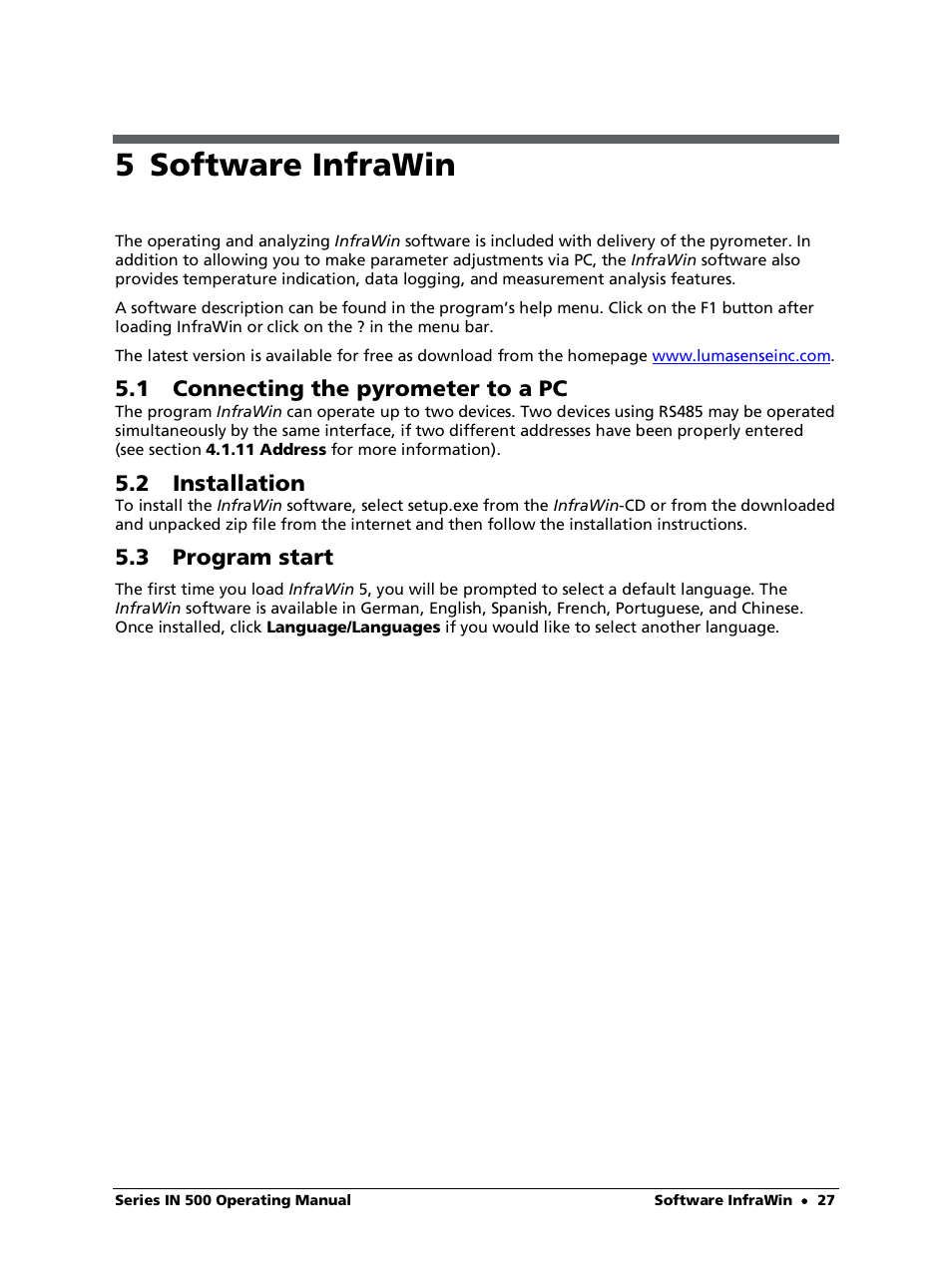 5 software infrawin, 1 connecting the pyrometer to a pc, 2 installation | 3 program start | LumaSense Technologies IN 520 User Manual | Page 27 / 38