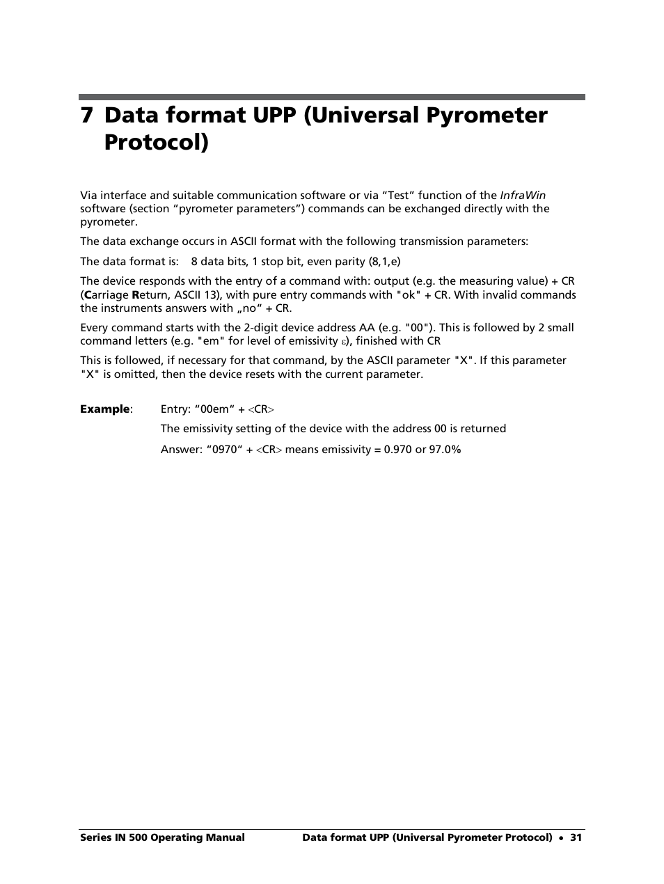 7 data format upp (universal pyrometer protocol) | LumaSense Technologies IN 520 User Manual | Page 31 / 38