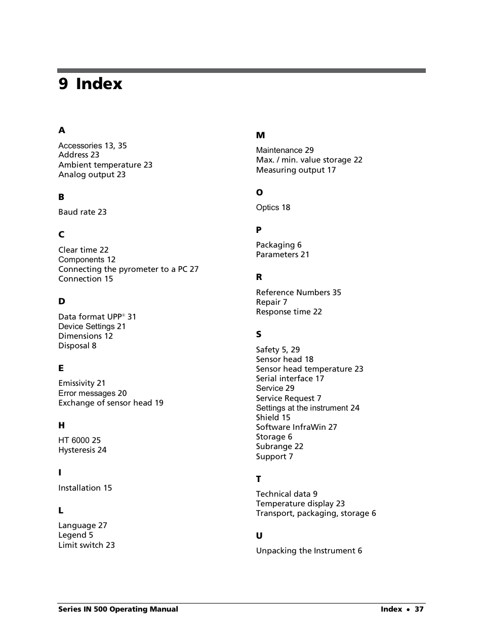9 index | LumaSense Technologies IN 520 User Manual | Page 37 / 38