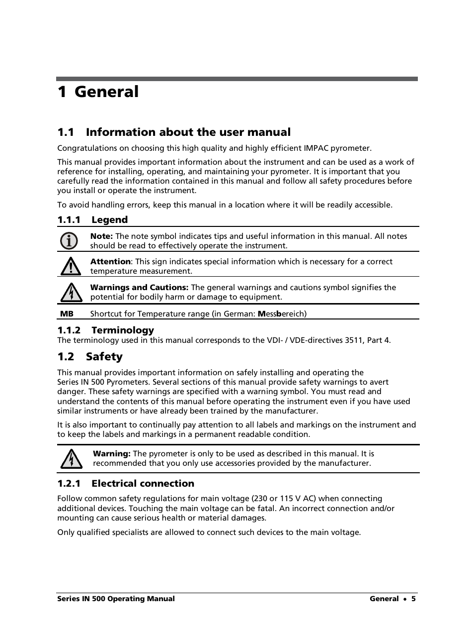 1 general, 1 information about the user manual, 1 legend | 2 terminology, 2 safety, 1 electrical connection | LumaSense Technologies IN 520 User Manual | Page 5 / 38
