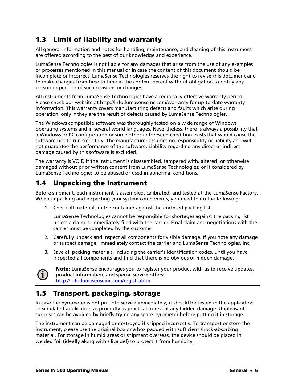 3 limit of liability and warranty, 4 unpacking the instrument, 5 transport, packaging, storage | LumaSense Technologies IN 520 User Manual | Page 6 / 38