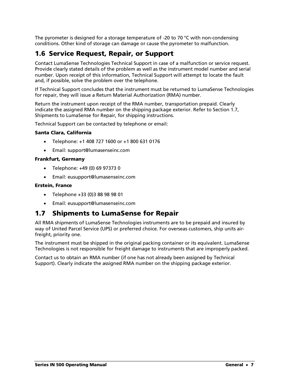6 service request, repair, or support, 7 shipments to lumasense for repair | LumaSense Technologies IN 520 User Manual | Page 7 / 38
